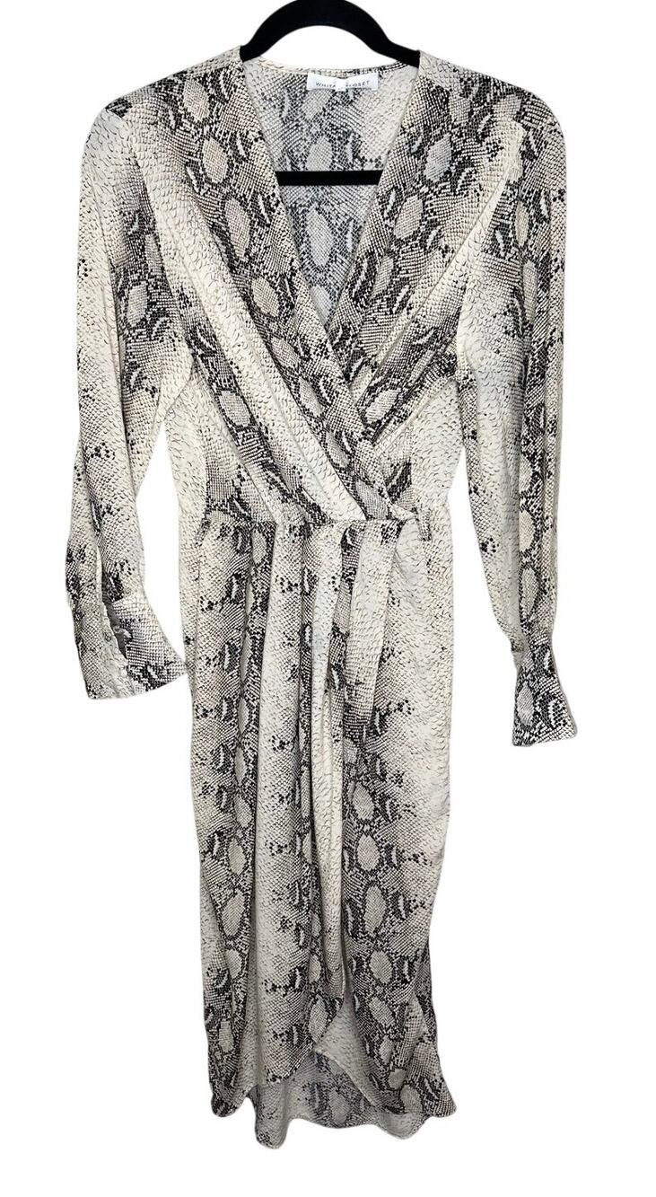 White Closet Snake Animal Print Midi Dress L Surplice V-Neck Long Sleeve Black